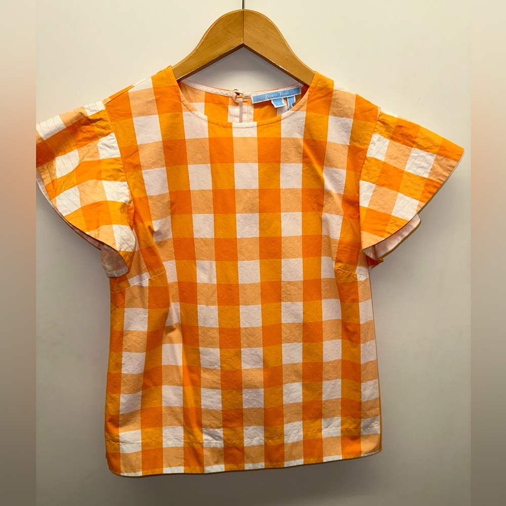 Draper James orange and white checkered top.
